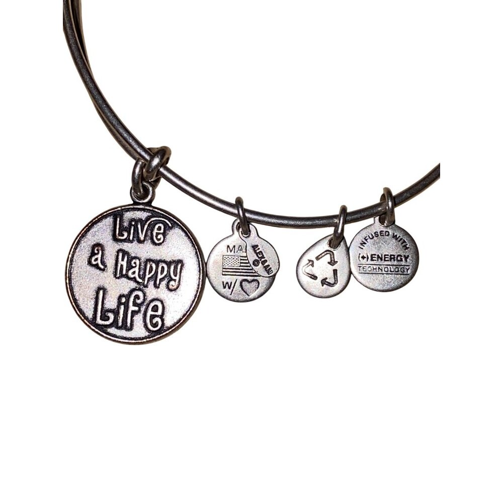 Alex And Ani Silver Tone "Live A Happy Life" Charm Bangle Bracelet Adjustable